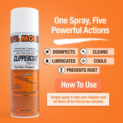 CLIPPERCIDE clipper blade spray action demonstrates quick lubrication.