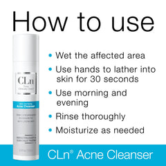 CLn Acne Cleanser application on skin with a gentle 30-second massage.
