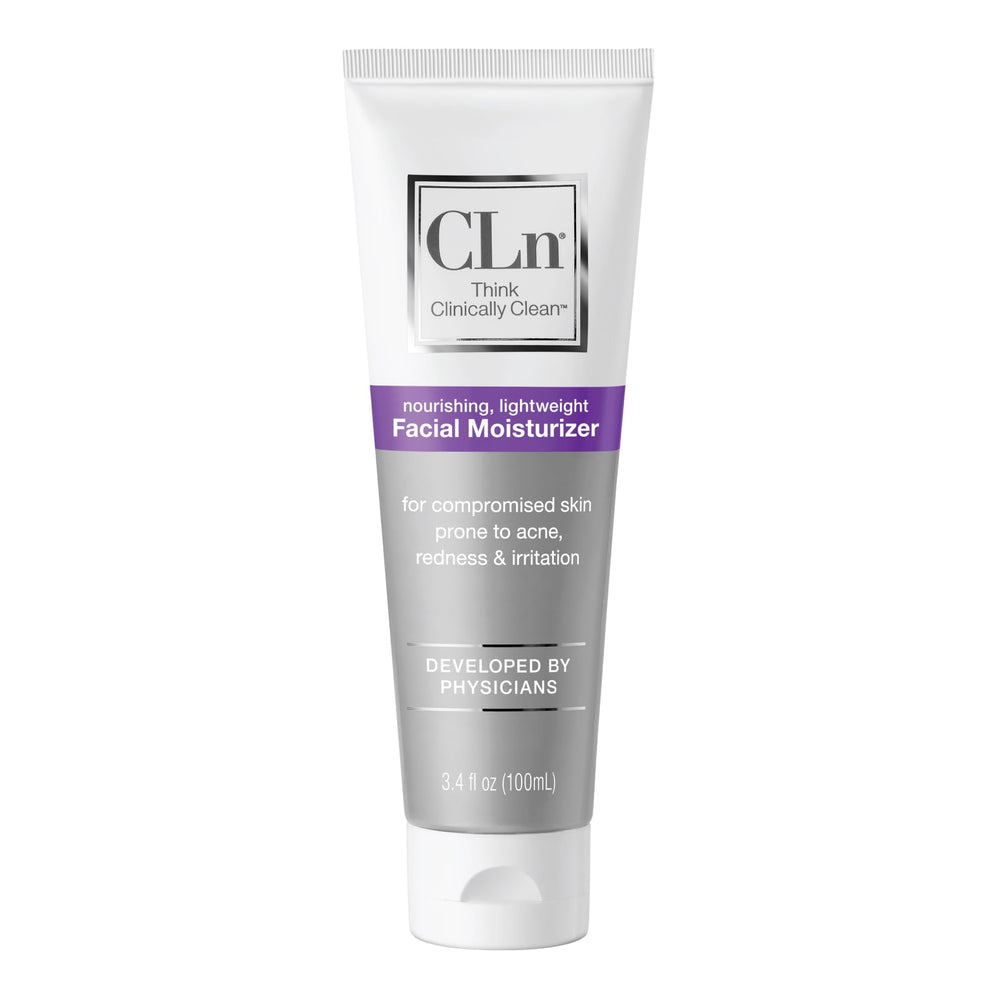 CLn Facial Moisturizer bottle packaging highlights dermatologist-tested formula for sensitive skin.