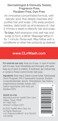 CLn Shampoo salicylic acid label highlights exfoliation and buildup removal on scalp.