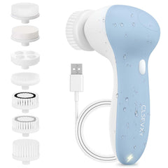 CLSEVXY rechargeable facial cleansing spin brush set with seven heads for a complete cleansing routine.