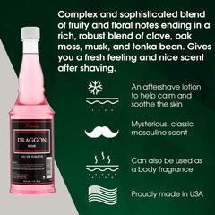 Clubman Lustray Draggon Noir post-shave lotion bottle, soothing skin after shaving.