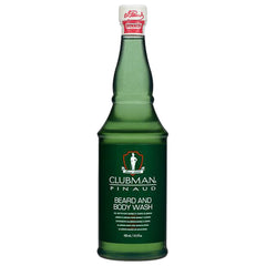 Clubman Pinaud Beard and Body Wash pour shows 2-in-1 cleansing for beard and skin.
