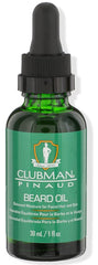 Clubman Pinaud Beard Oil bottle close-up showing balanced moisture for facial hair.