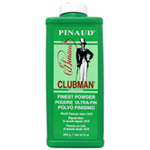 Clubman Pinaud Powder bottle closeup showing moisture control for dry skin.