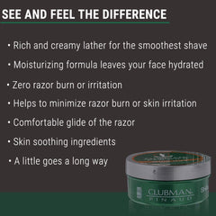 Clubman Pinaud shave soap natural-ingredients panel highlights shea and aloe benefits.
