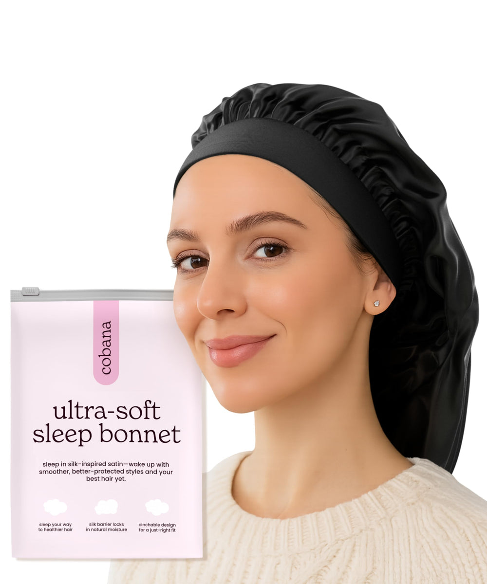 Cobana adjustable satin sleep bonnet side view showcasing slip-resistant fit for all-night wear.