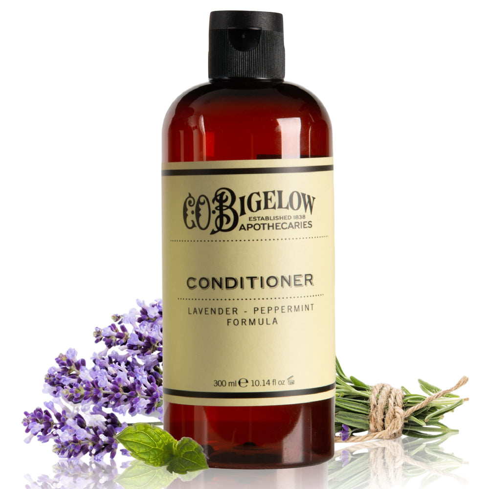 Bottle of C.O. Bigelow Lavender Peppermint Conditioner shows calming scent and hydration.