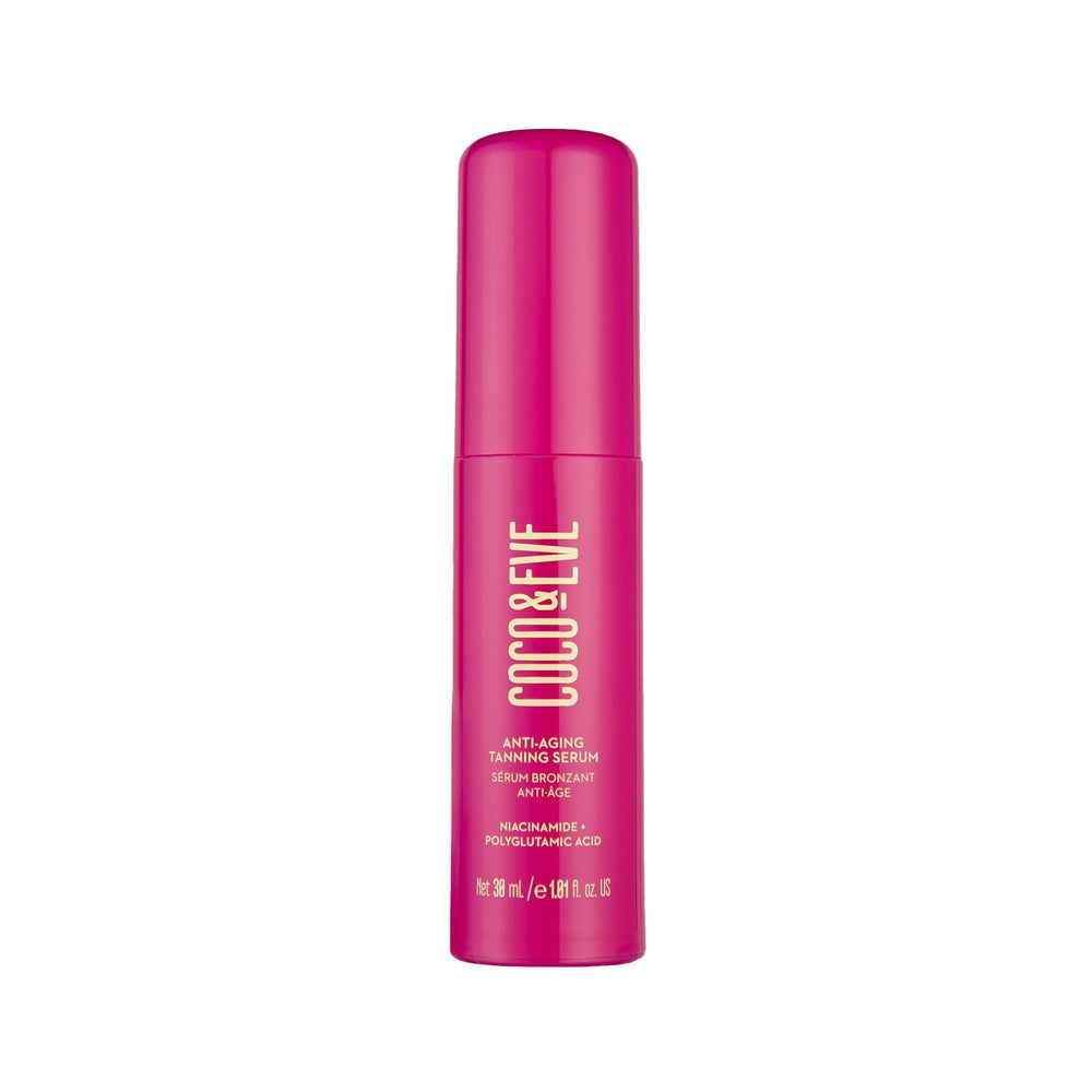 Coco & Eve Anti-Aging Tanning Serum pump delivers a hydrating bronze glow for daily radiance.