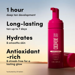 Coco & Eve Express Tanning Mousse with application mitt demonstrates smooth, streak-free blending.