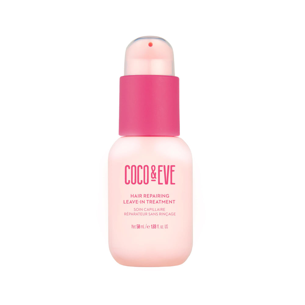 Coco & Eve Hair Repairing Leave-In Treatment bottle front shows pink packaging and premium feel.