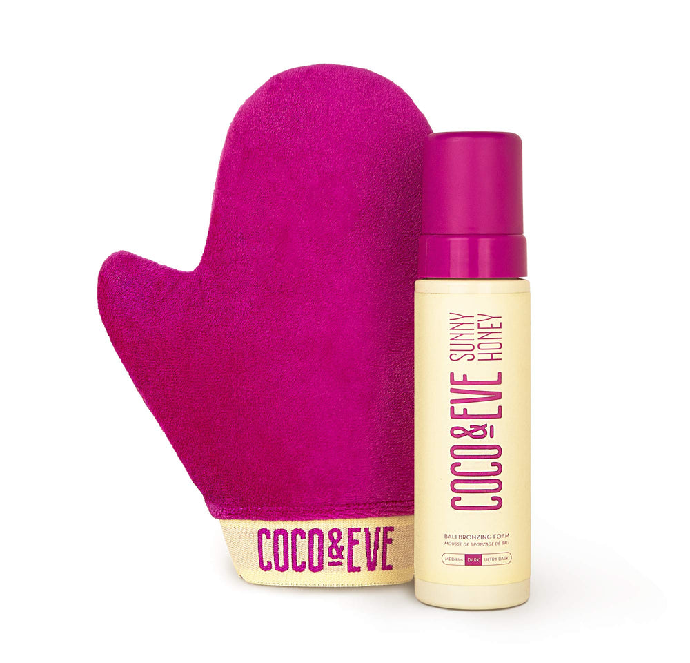 Coco & Eve Sunny Honey Mousse bottle pump shown for easy, streak-free application.