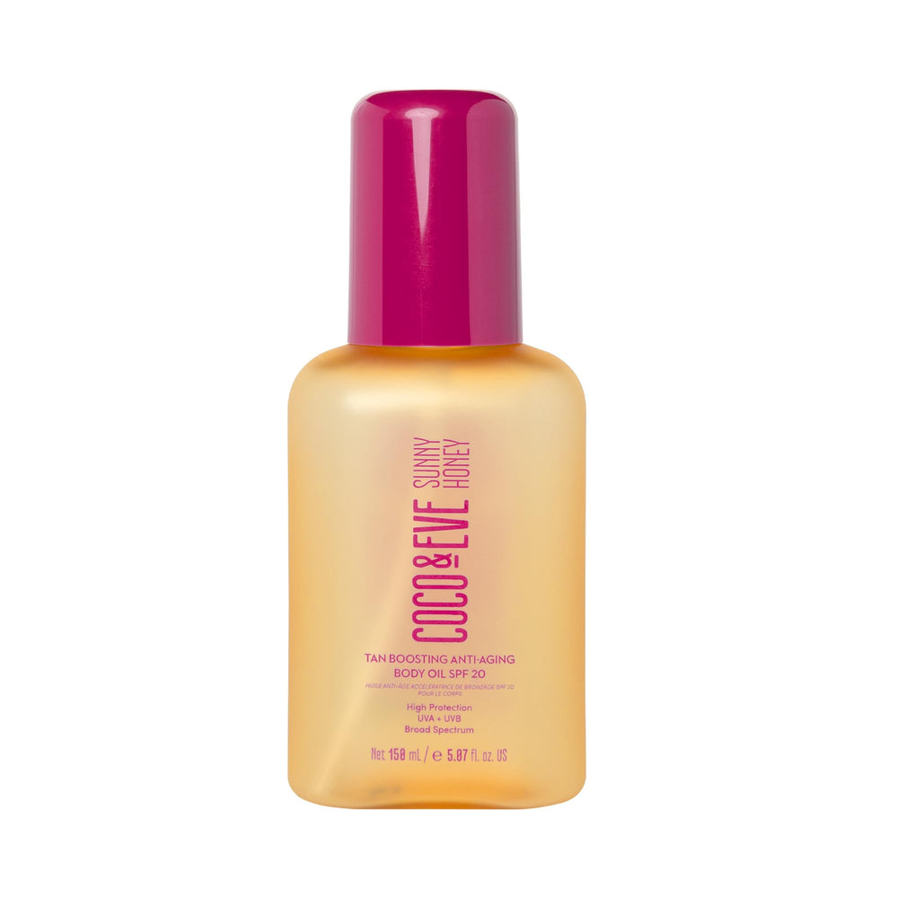Coco & Eve tan boosting anti-aging body oil bottle showing SPF20 protection and hydrating glow.