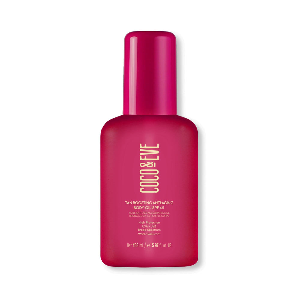 Coco & Eve Tan Boosting SPF45 oil pump for quick, even tanning and protection.