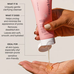 Cocokind AHA Jelly Cleanser tube close-up highlights 4% AHA exfoliation for radiant skin