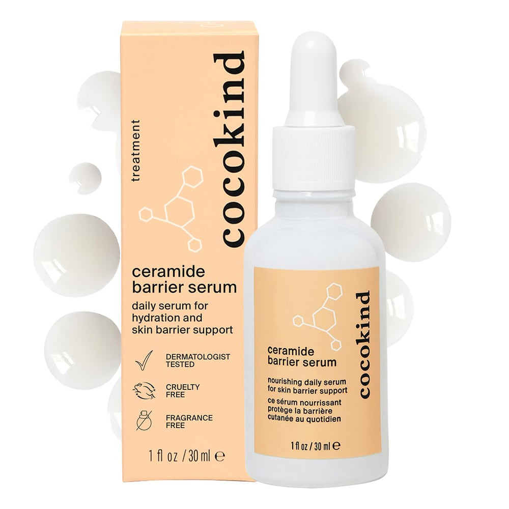 Cocokind Ceramide Barrier Serum bottle highlights lightweight hydration and barrier support.