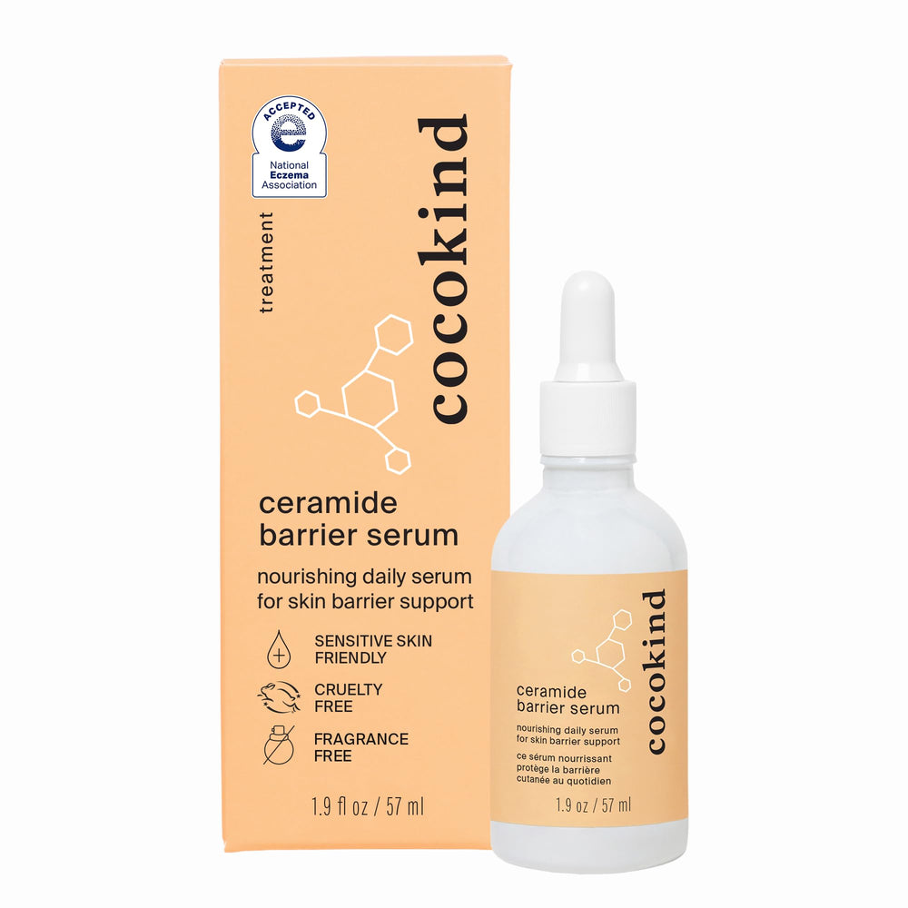 Cocokind Ceramide Barrier Serum bottle showing rich hydration for all skin types.