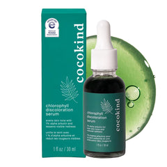 Cocokind Chlorophyll Discoloration Serum bottle highlighting gentle spot fading potential.