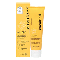 Cocokind Daily SPF front label highlights fragrance-free formula for sensitive skin protection.