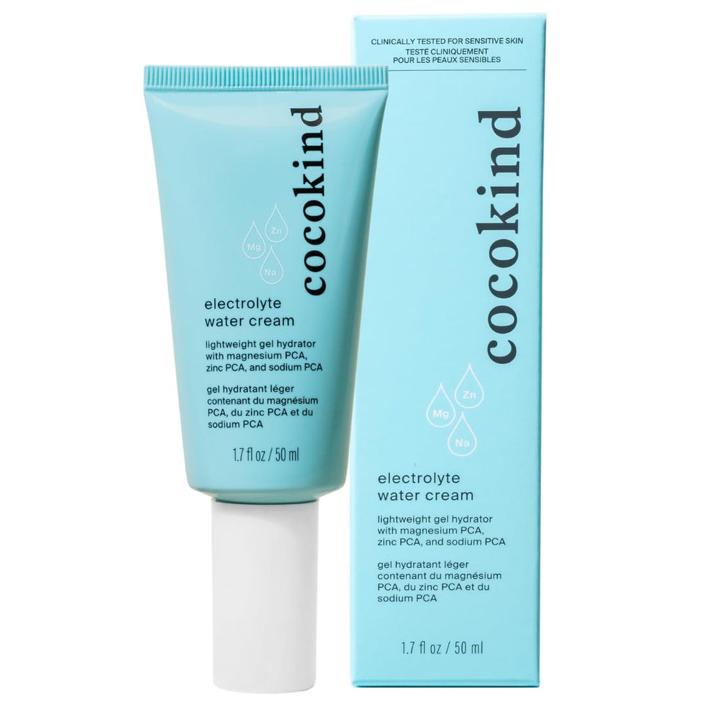 Cocokind Electrolyte Water Cream packaging communicates lightweight hydration for calm vegan care