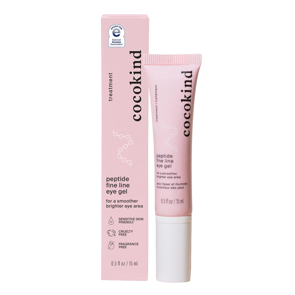 Cocokind Peptide Eye Gel tube close-up for lightweight hydration.