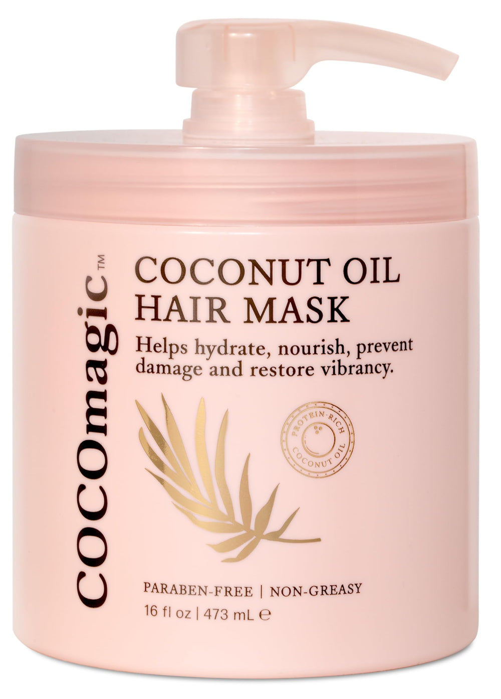 Cocomagic Coconut Oil Hair Mask bottle shows protein-rich formula for shine and repair.