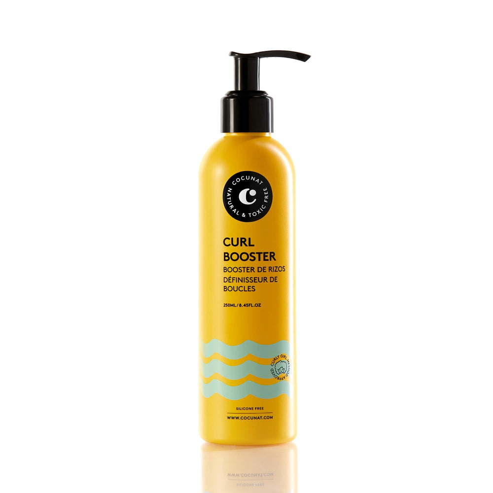 COCUNAT Curl Booster Gel bottle with defined curls demonstration and frizz control