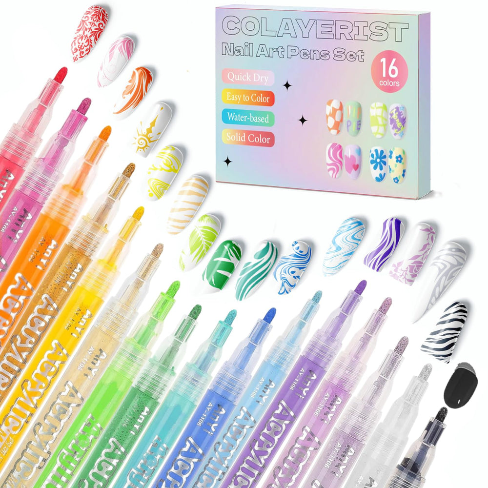 COLAYERIST Nail Art Pens 16-color swatches showcase vibrant shades for nail design ideas