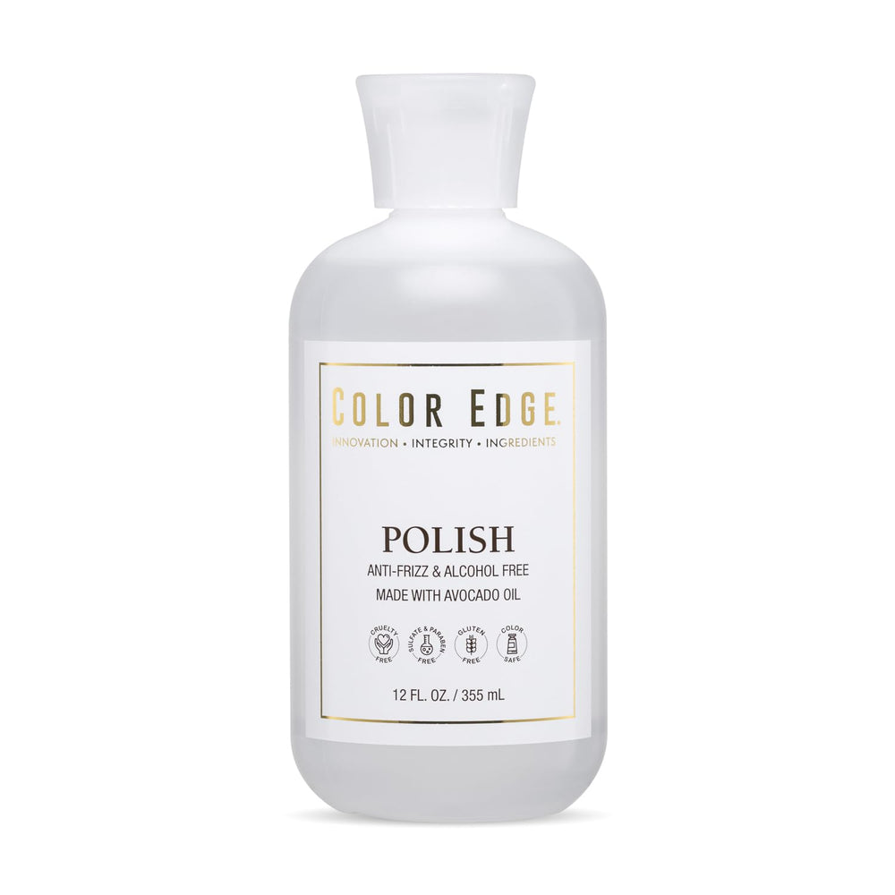 Color Edge Polish bottle pouring avocado oil for moisturized hair and skin.