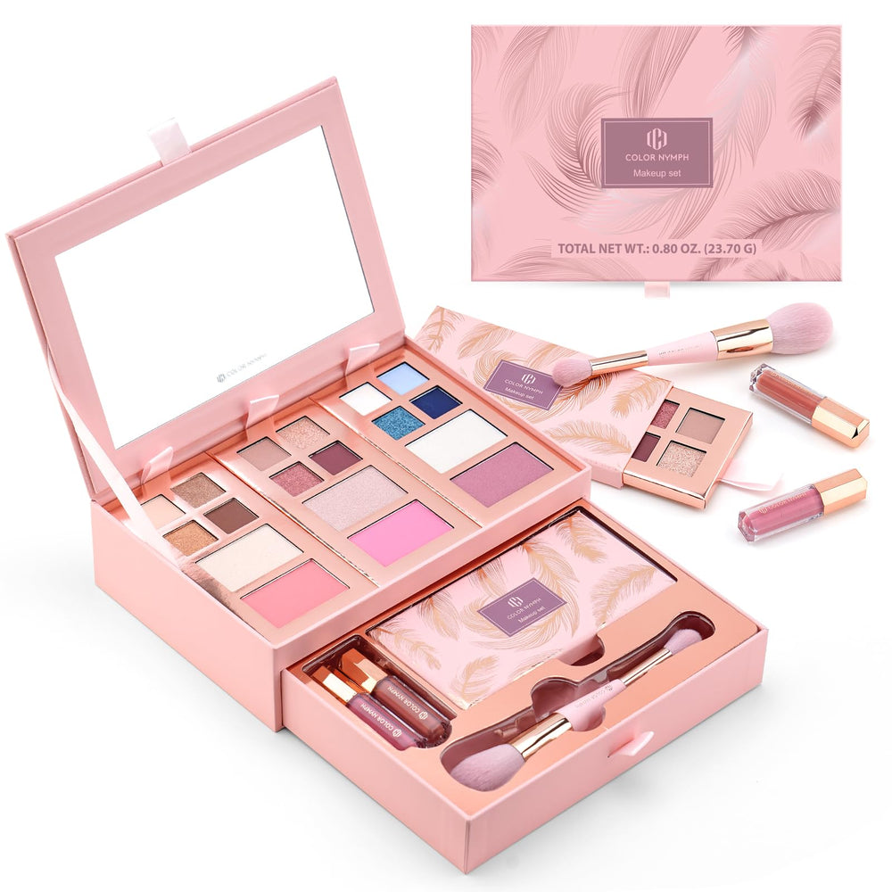 Color Nymph pink makeup palette open with mirror for on-the-go touch-ups