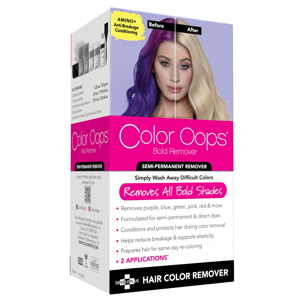 Color Oops Bold Remover bottle close-up demonstrating bold color removal.
