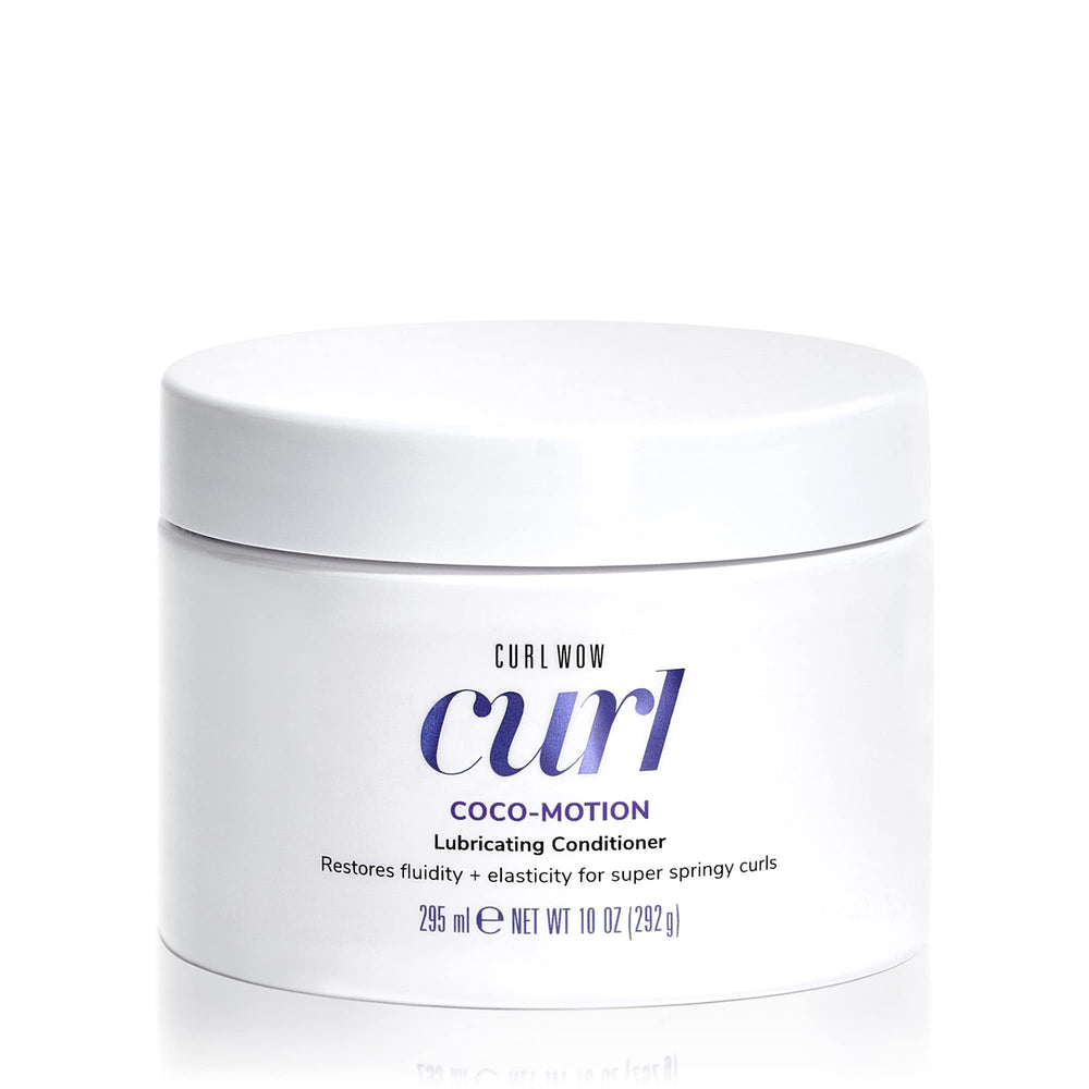 COLOR WOW Curl Wow Coco-motion conditioner bottle close-up for smooth detangling.