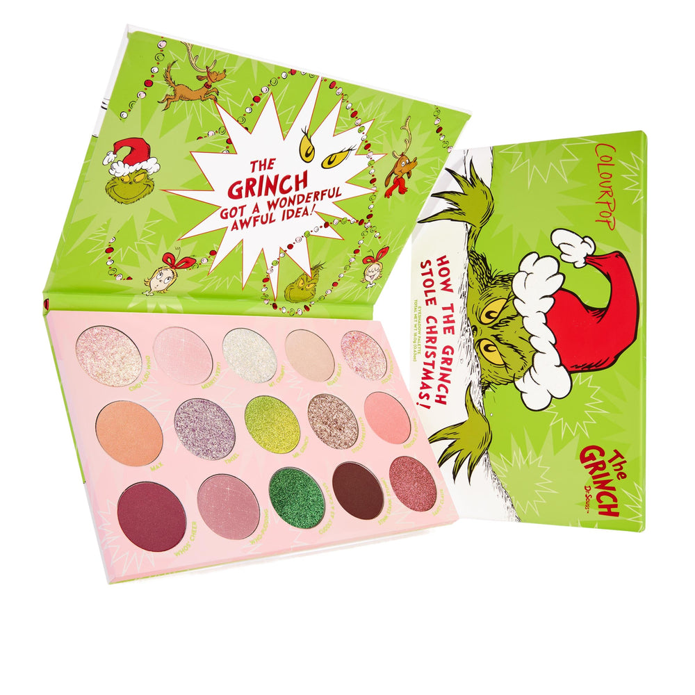 ColourPop Grinch palette front packaging with festive design for holiday looks.