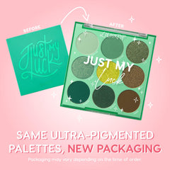 ColourPop Just My Luck swatches showcase emerald tones for versatile eye looks.