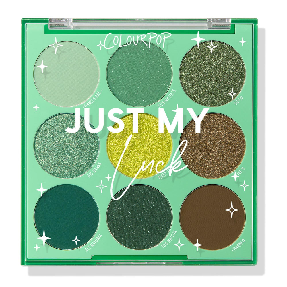 ColourPop Just My Luck palette closeup showing green shades for versatile looks.