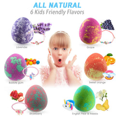 comfso dino egg bathbomb showing colorful fizz for kid-friendly baths
