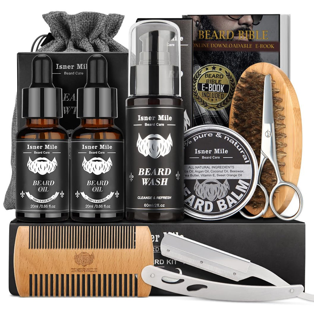 Comfy Mate beard grooming kit packaging with travel bag for easy grooming on the go.