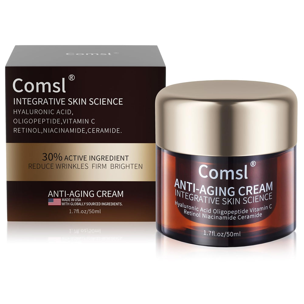 Comsl bottle closeup shows US-made anti-aging formula with 30% active ingredients for skincare.