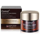 Comsl bottle closeup shows US-made anti-aging formula with 30% active ingredients for skincare.