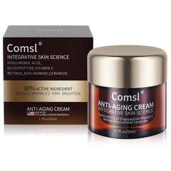 Comsl bottle closeup shows US-made anti-aging formula with 30% active ingredients for skincare.