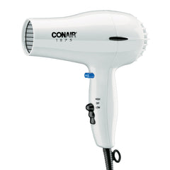 Conair 247W white compact hair dryer front view for quick drying and storage.