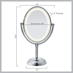 Conair battery-operated mirror uses energy-saving LEDs for long-lasting bright light.