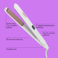 Conair double ceramic 1-inch curling wand barrel delivers smooth heat for frizz control.
