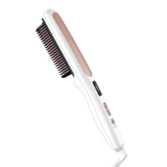 Conair double ceramic straightening brush highlights anti-scald plates for safer, smoother styling.