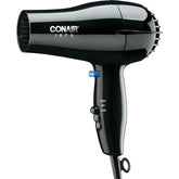 Conair hairdryer black front view emphasizes quick drying potential for busy mornings
