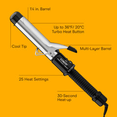 Conair Instant Heat curling iron handle closeup highlights nonslip grip for confident styling.