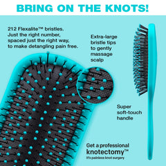 Conair Knot Dr. detangler brush close-up shows flexible bristles for smooth glide.