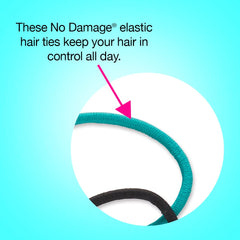 Open package of Conair Scunci No Damage elastics revealing the multicolor assortment.