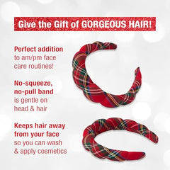 Conair Spa Tartan Headband worn to keep hair away from face.