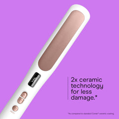 Conair straightening brush with 5 LEDs guides heat settings for tailored styling.